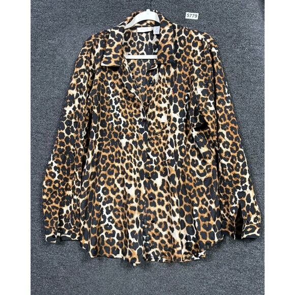 Chico's Button Down Shirt Womens Size 2 US L Animal Print Tan Black Long Sleeve - Picture 1 of 7
